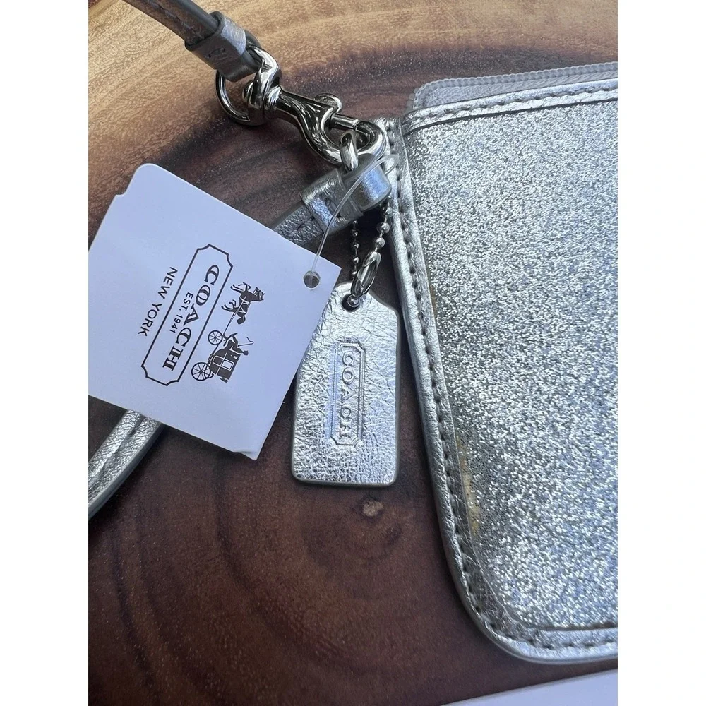 Coach Silver Metallic Glitter Leather Zip Legacy‎ Wristlet Clutch Phone Pouch